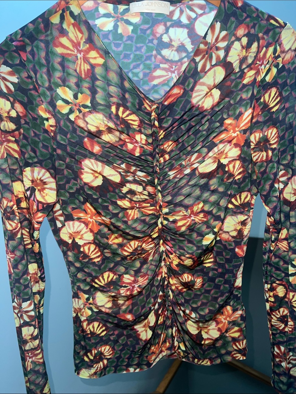 Ulla Johnson Green Floral Ruched Long-Sleeve Tee